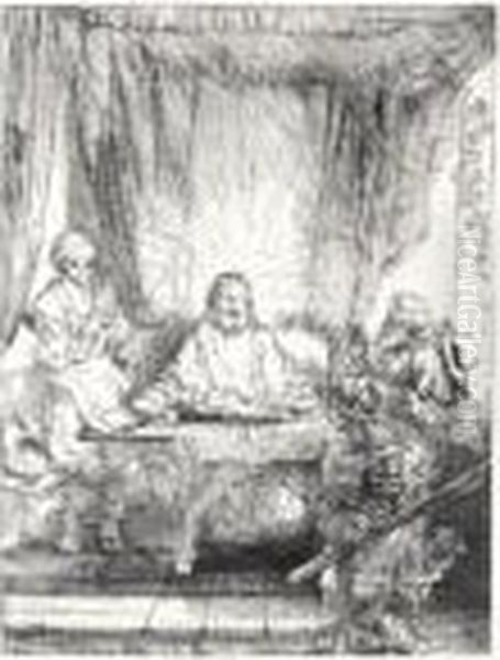 Christ At Emmaus: The Larger Plate (b., Holl.87; H.282; Bb.54-h) Oil Painting by Rembrandt Van Rijn