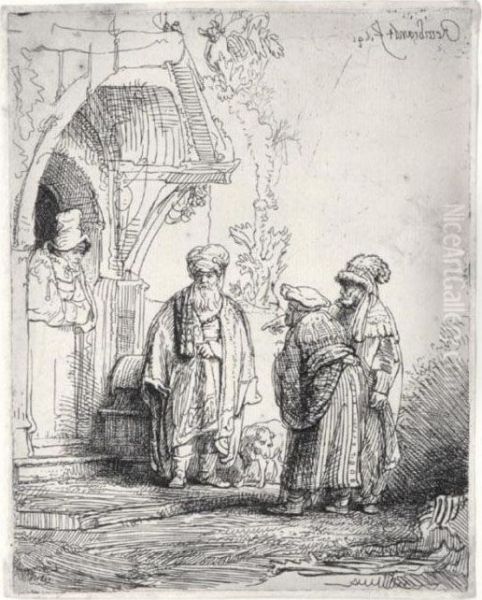 Three Oriental Figures (jacob And Laban?) (b., Holl.118; H.183; Bb.41-f) Oil Painting by Rembrandt Van Rijn