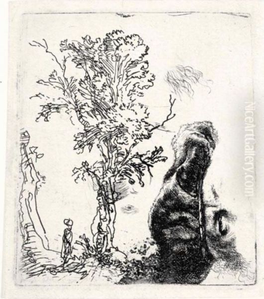 Sheet With Two Studies: A Tree, 
And The Upper Part Of A Head Of The Artist Wearing A Velvet Cap (b., 
Holl.372; H.155; Bb.42-1) Oil Painting by Rembrandt Van Rijn