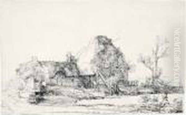 Cottages And Farm Buildings With A Man Sketching (b., Holl.219; H.213; Bb.45-2) Oil Painting by Rembrandt Van Rijn