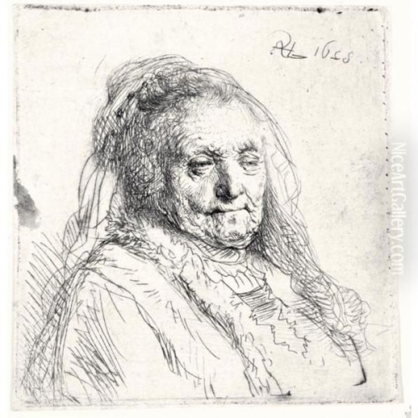 The Artist's Mother; Head And Bust: Three Quaters Right (b., Holl.354; H.1; Bb.28-a) Oil Painting by Rembrandt Van Rijn