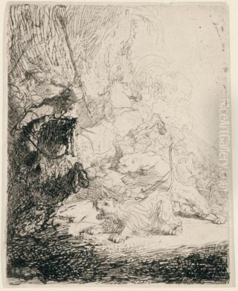 The Small Lion Hunt (b., Holl.115; H.180; Bb.41-3) Oil Painting by Rembrandt Van Rijn