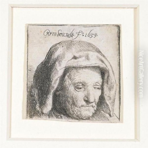 The Artist's Mother In A Cloth 
Headdress, Looking Down: Head Only (b., Holl.351; H.107; Bb.33-f) Oil Painting by Rembrandt Van Rijn