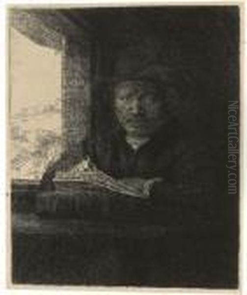 Self Portrait Drawing At A Window (b., Holl. 22; H. 229) Oil Painting by Rembrandt Van Rijn