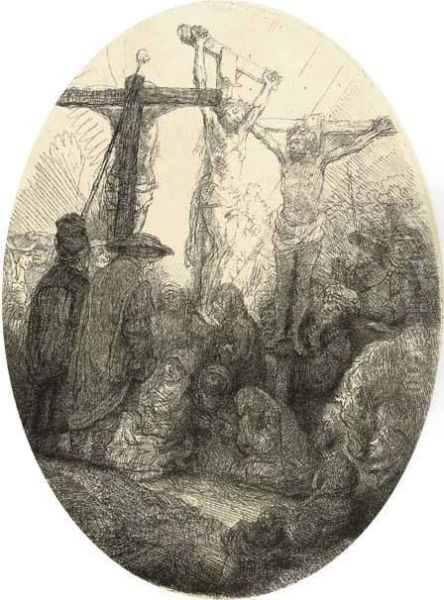 Christ Crucified Between Two Thieves: Oval Plate Oil Painting by Rembrandt Van Rijn