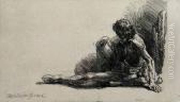 Nude Man Seated On The Ground Oil Painting by Rembrandt Van Rijn