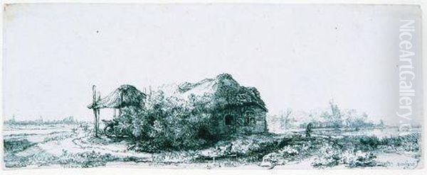 Landscape With A Cottage And Haybarn: Oblong Oil Painting by Rembrandt Van Rijn