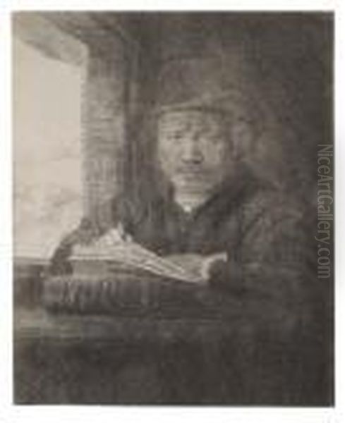 Self Portrait Drawing At A Window Oil Painting by Rembrandt Van Rijn