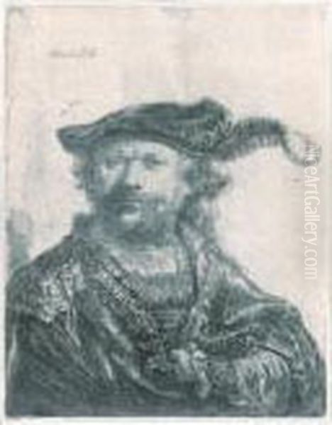 Self Portrait In A Velvet Cap With Plume (b., Holl. 20; H. 156; Bb. 38-b) Oil Painting by Rembrandt Van Rijn