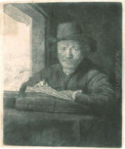 Self Portrait Drawing At A Window (b., Holl. 22; H. 229; Bb. 48-a) Oil Painting by Rembrandt Van Rijn