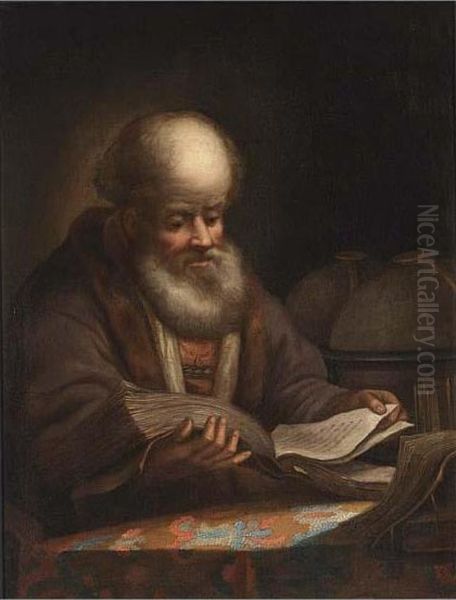 A Portrait Of A Bearded Man Reading Oil Painting by Rembrandt Van Rijn