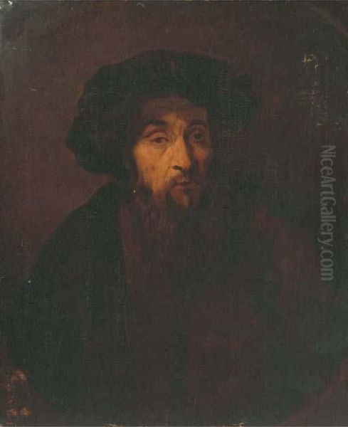 A Bearded Man, Bust-length, With A Black Cap, In A Fiegnedoval Oil Painting by Rembrandt Van Rijn