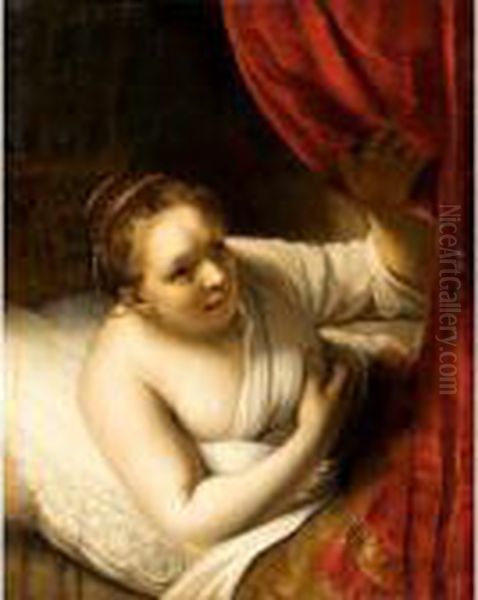 An Interior With A Lady, 
Possibly Hendrikje Stoffels, Lying In Bed And Holding Her Breast Oil Painting by Rembrandt Van Rijn