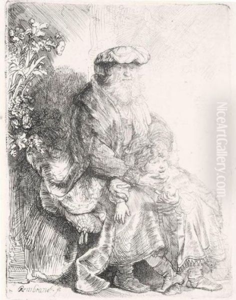 Abraham Caressing Isaac (b., Holl. 33; H. 148; Bb. 37-2) Oil Painting by Rembrandt Van Rijn