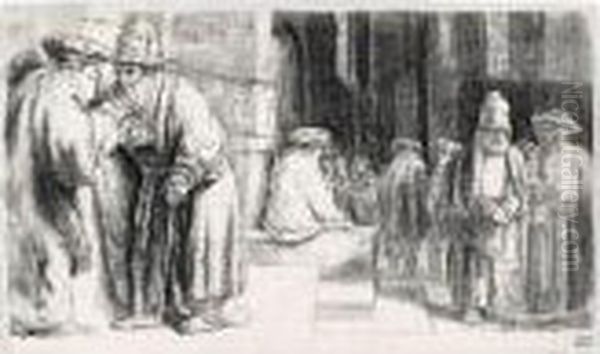 Jews In The Synagogue (b., Holl.126; H.234; Bb.48-d) Oil Painting by Rembrandt Van Rijn