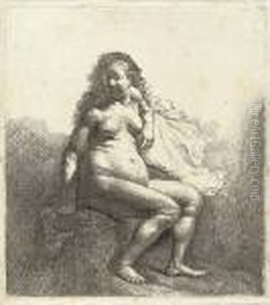 A Naked Woman Seated On A Mound Oil Painting by Rembrandt Van Rijn