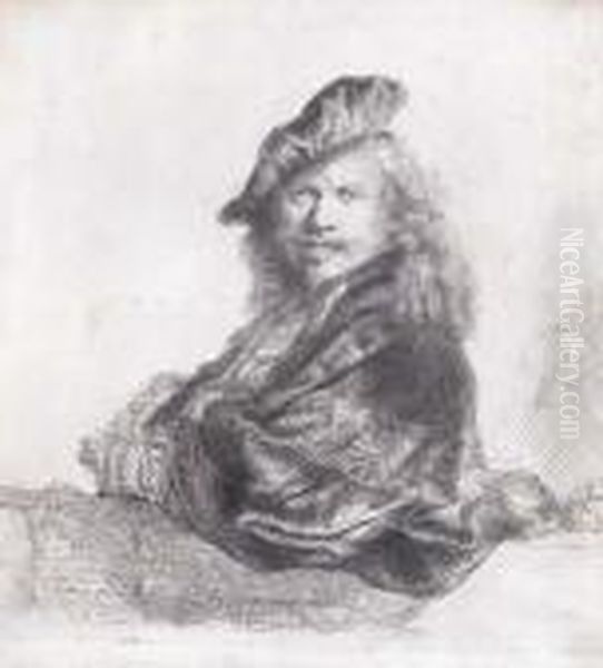 Self-portrait Leaning On A Stone Still Oil Painting by Rembrandt Van Rijn