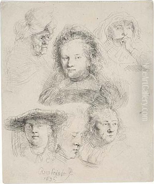 Sheet Of Studies: Head Of Saskia And Others Oil Painting by Rembrandt Van Rijn