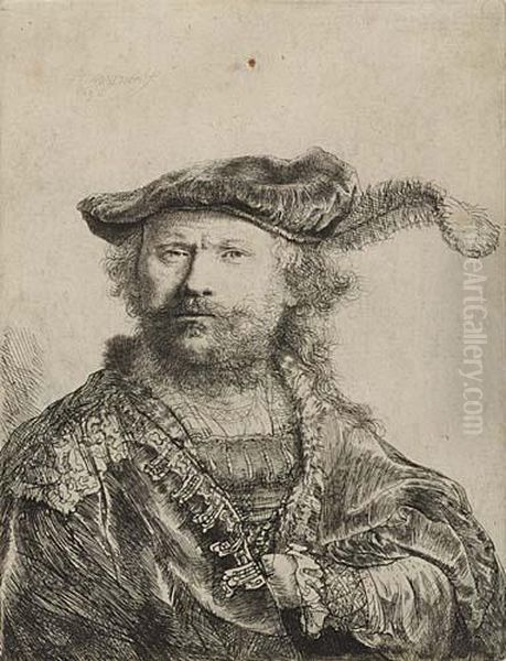 Self Portrait In A Velvet Cap And Plume Oil Painting by Rembrandt Van Rijn