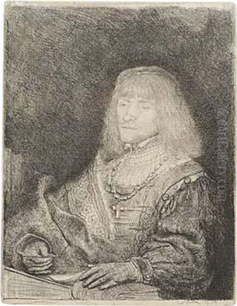 Man At A Desk Wearing A Cross And A Chain Oil Painting by Rembrandt Van Rijn