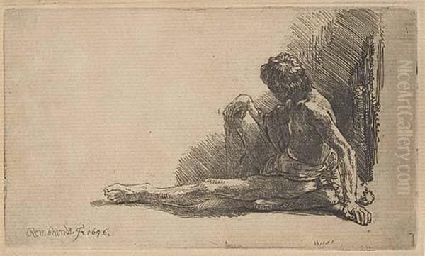 Nude Man Seated On The Ground With One Leg Extended Oil Painting by Rembrandt Van Rijn