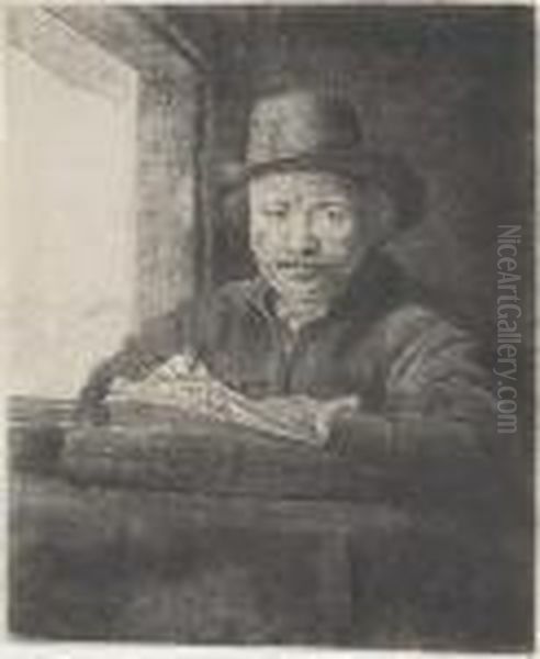 Self Portrait Drawing At A Window Oil Painting by Rembrandt Van Rijn