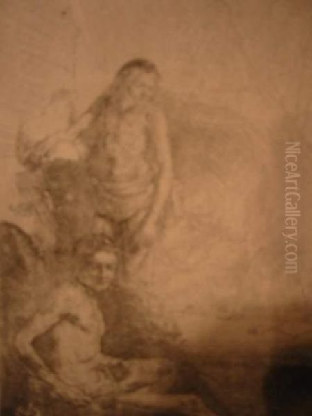 Nude Man Seated And Another Standing With A Woman And Ababy Oil Painting by Rembrandt Van Rijn