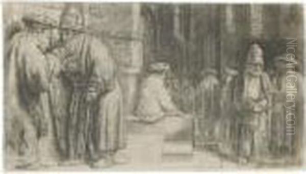 Jews In The Synagogue (b., Holl.126; H.234; Bb.48-d) Oil Painting by Rembrandt Van Rijn