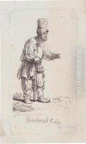 A Peasant In A High Cap, Standing Leaning On A Stick (b., Holl.133; H.164; Bb.39-b) Oil Painting by Rembrandt Van Rijn