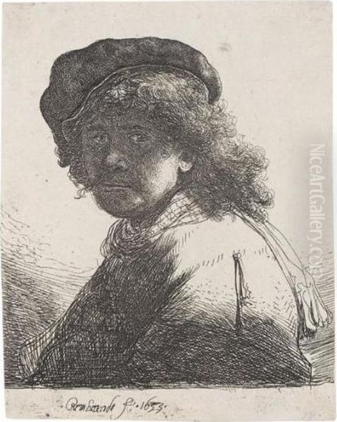 Self Portrait In A Cap And Scarf With The Face Dark: Bust (b., Holl.17; H.108; Bb.33-g) Oil Painting by Rembrandt Van Rijn