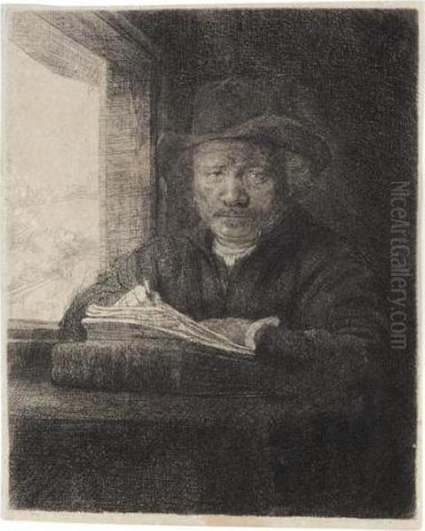 Self Portrait Drawing At A Window (b., Holl.22; H.229; Bb.48-a) Oil Painting by Rembrandt Van Rijn