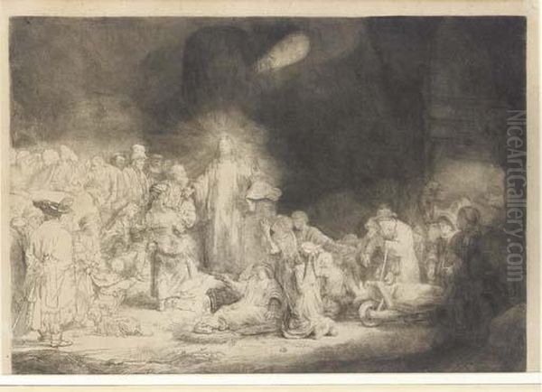 Christ Healing The Sick. 'the Hundred Guilder Print' Oil Painting by Rembrandt Van Rijn