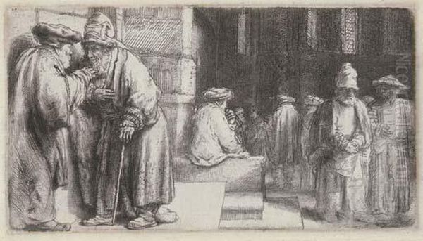 Jews In A Synagogue Oil Painting by Rembrandt Van Rijn