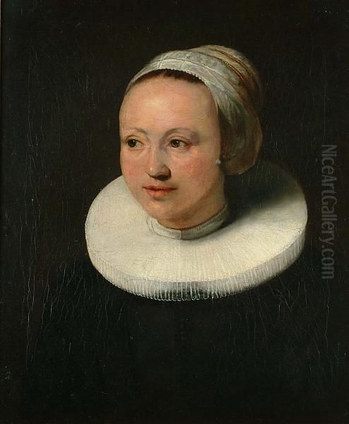 Portrait Of Ariantje Hollaer, Bust Length With A White Ruff And Cap Oil Painting by Rembrandt Van Rijn