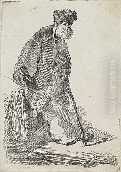 Man In A Coat And Fur Cap Leaning Against A Bank Oil Painting by Rembrandt Van Rijn