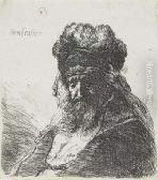 Old Bearded Man In A High Fur Cap, With Eyes Closed Oil Painting by Rembrandt Van Rijn