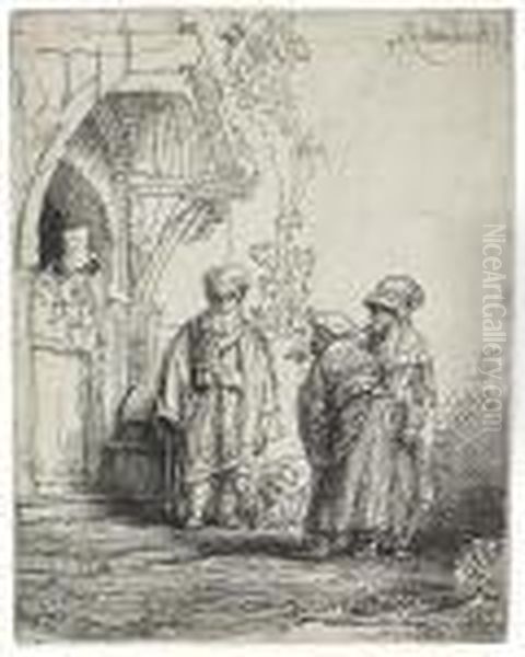 Three Oriental Figures (jacob And Laban ?) Oil Painting by Rembrandt Van Rijn