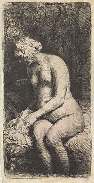 Woman Bathing Her Feet At A Brook Oil Painting by Rembrandt Van Rijn