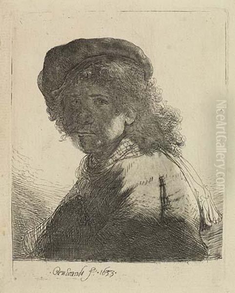 Self-portrait In A Cap And Scarf With The Face Dark:bust Oil Painting by Rembrandt Van Rijn