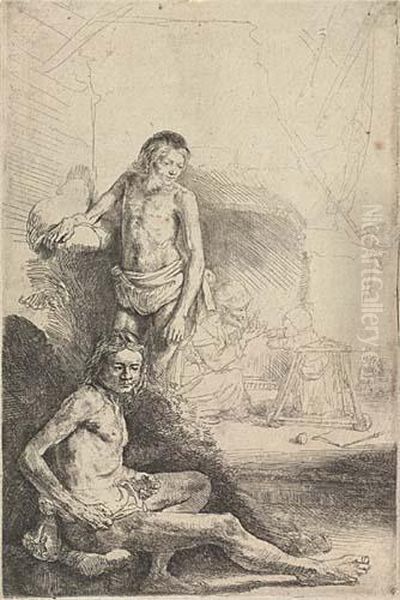 Nude Man Seated And Another Standing With A Woman And Ababy Oil Painting by Rembrandt Van Rijn