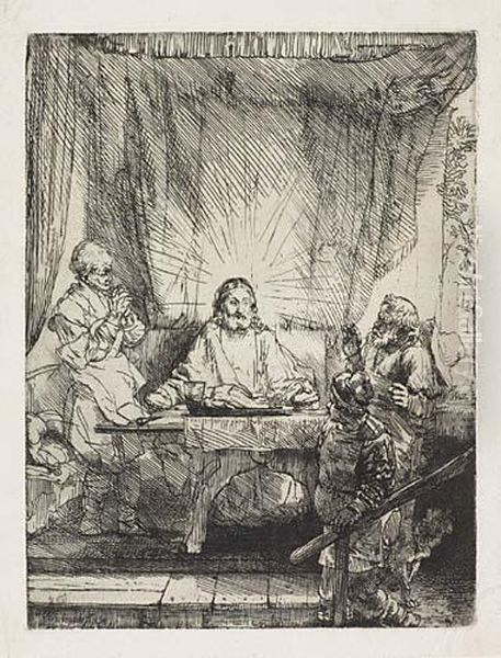 Christ At Emmaus: The Larger Plate Oil Painting by Rembrandt Van Rijn