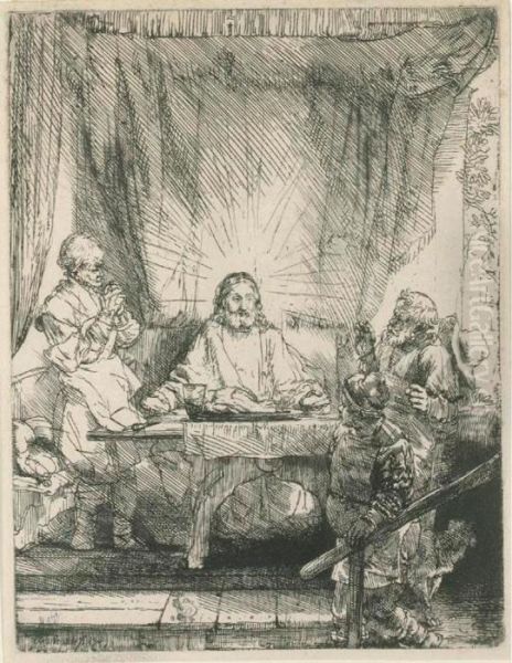 Christ At Emmaus: The Larger Plate (b., Holl. 87; H. 282; Bb. 54-h) Oil Painting by Rembrandt Van Rijn