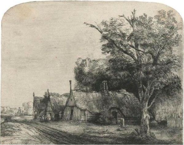 Landscape With Three Gabled Cottages Beside A Road (b., Holl. 217; H. 246; Bb. 50-d) Oil Painting by Rembrandt Van Rijn