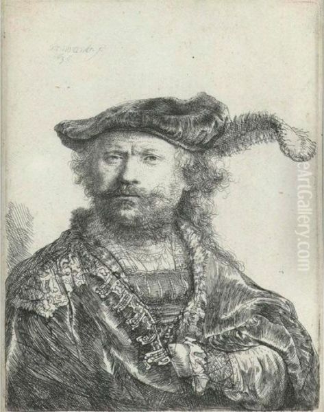 Self Portrait In A Velvet Cap With Plume (b., Holl. 20; H. 156; Bb. 38-b) Oil Painting by Rembrandt Van Rijn