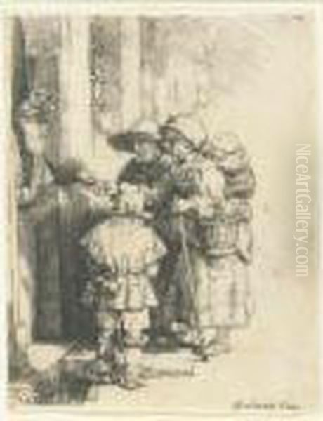 Beggars Receiving Alms At The Door Of A House (b., Holl. 176; H. 233; Bb. 48-c) Oil Painting by Rembrandt Van Rijn