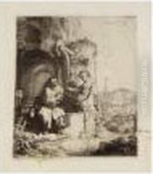 Christ And The Woman Of Samaria Among Ruins (b., Holl.71; H.122; Bb.34-l) Oil Painting by Rembrandt Van Rijn