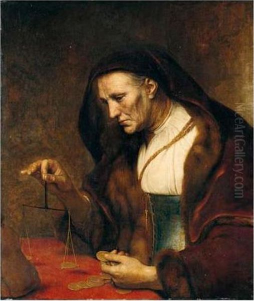 An Old Woman Weighing Gold Coins Oil Painting by Rembrandt Van Rijn