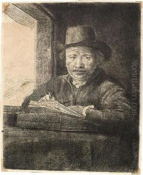 Self Portrait Drawing At A Window (b., Holl.22; H.229; Bb.48-a) Oil Painting by Rembrandt Van Rijn