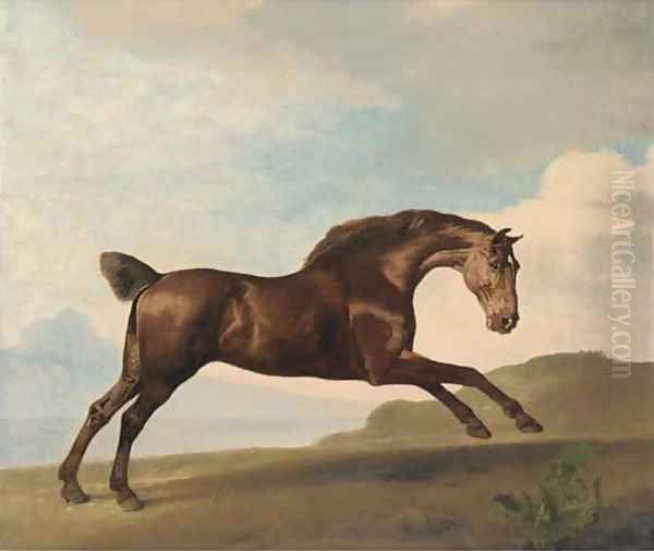 A bay hunter galloping in a mountainous landscape Oil Painting by George Stubbs