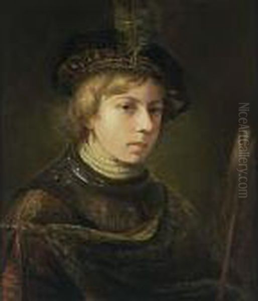 A Portrait Of A Young Man, Bust 
Length, Wearing A Fantasy Costume And A Beret With A Feather, Holding A 
Feather In His Left Hand Oil Painting by Rembrandt Van Rijn